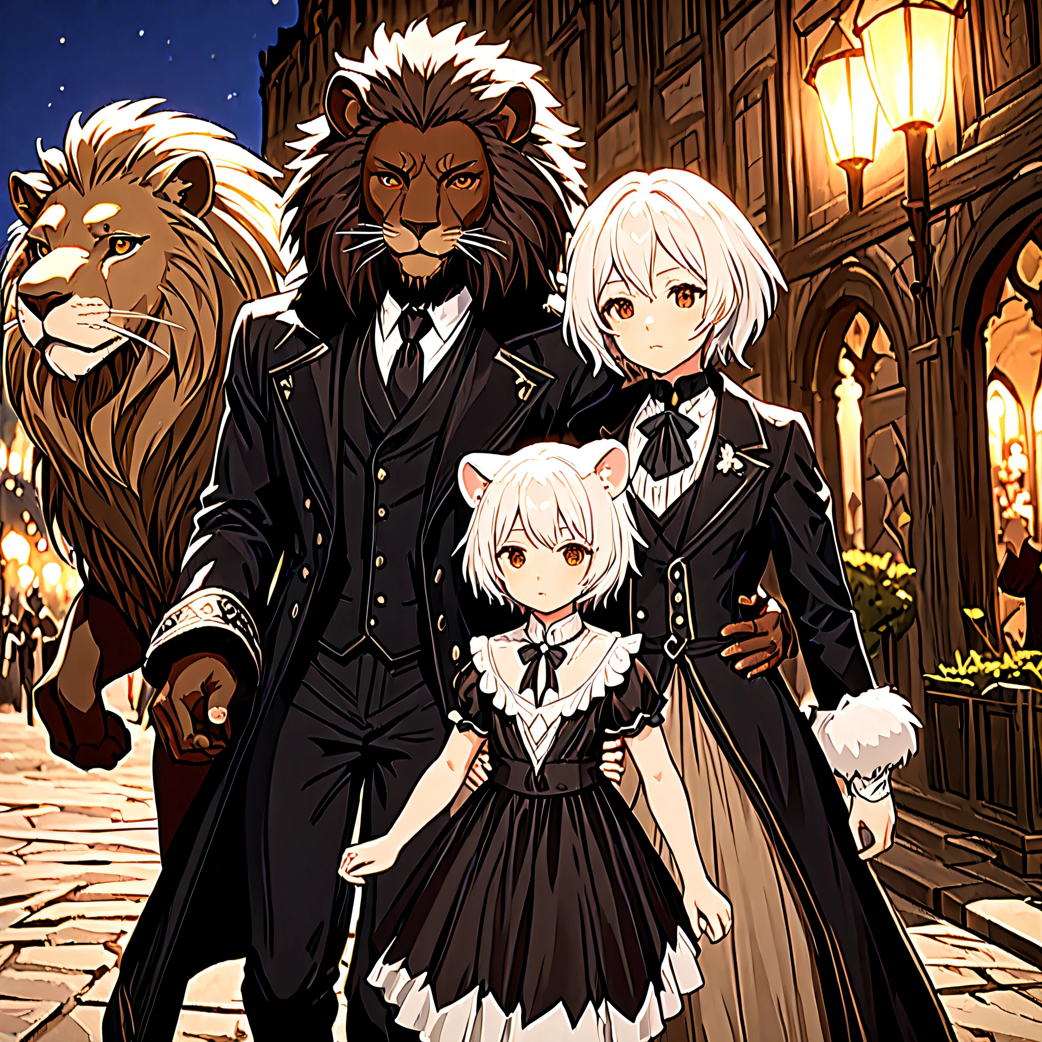 An image of a family in Final Fantasy 14, Close-up, Eye-level, (the man is a furry humanoid lion man with very dark coat fur), and the woman having brown skin, short white hair, rabbit-like ears, and brown eyes, a daughter, short hair, beautiaful dress. they are dressed in formal attire, strolling through the city of Ishgard at night. best quality, masterpiece, ultra-detailed, 8k.