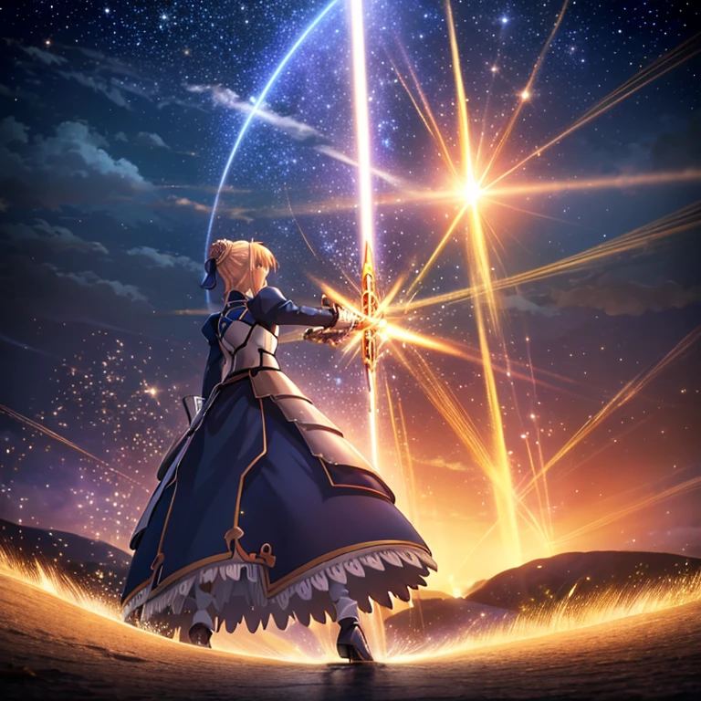 artoria pendragon brown hair holding excalibur sword, excalibur sword attack fate/zero lightning attack, surrounded by lightnings, background is a starry night, yugioh card art, angle frontal attacking the direction of the camera, final attack