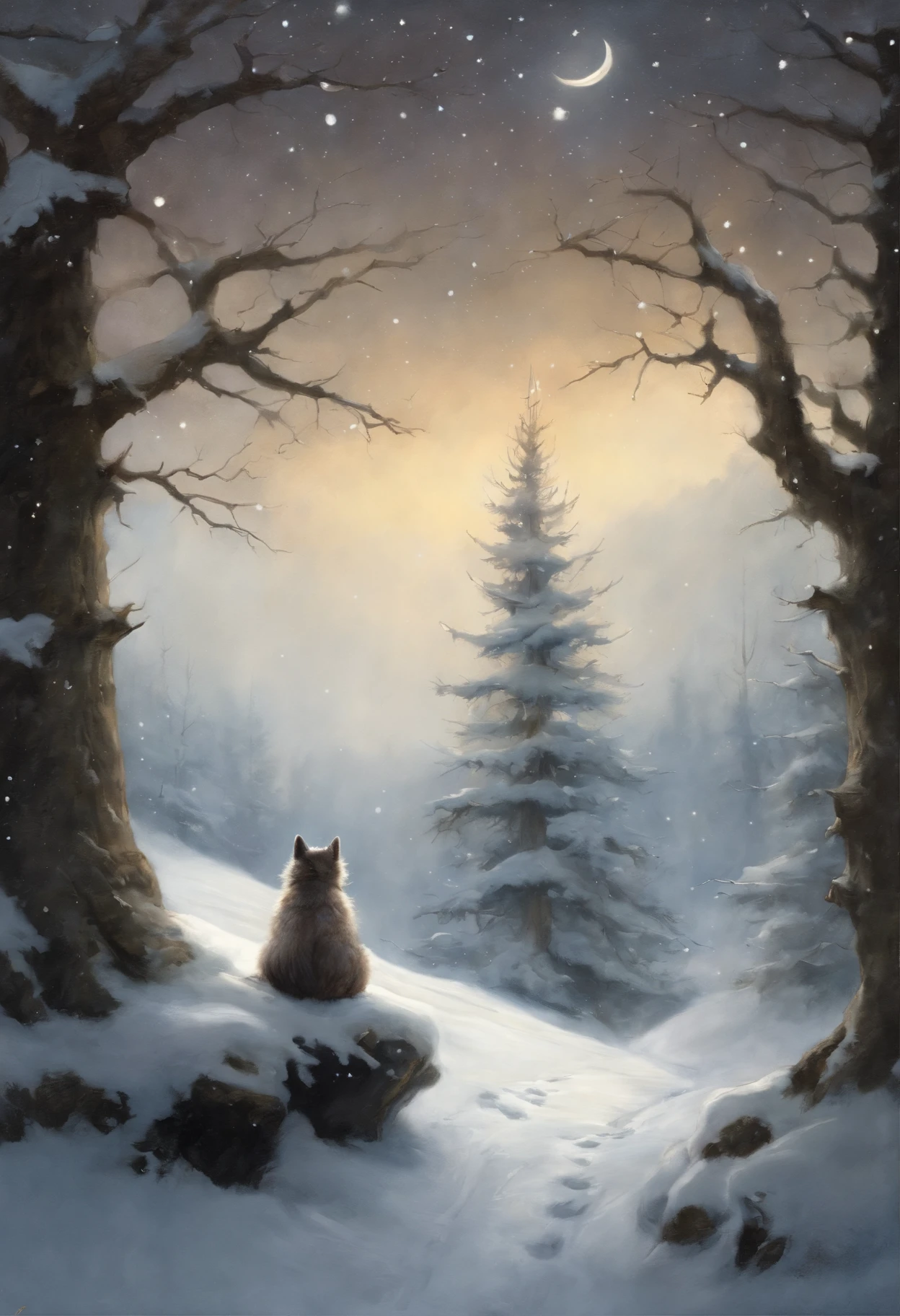 真实感, dark fantasy style, John Tolkien style, Small painting by Jean-Baptiste Monge, huge fluffy spruce in fluffy snow, there are many colorful butterflies around the tree, a starry sky, The stars are shining, Snow is falling, Jean-Baptiste Monge, anthropomorphic --ar 2:3 --testp -optimistic;