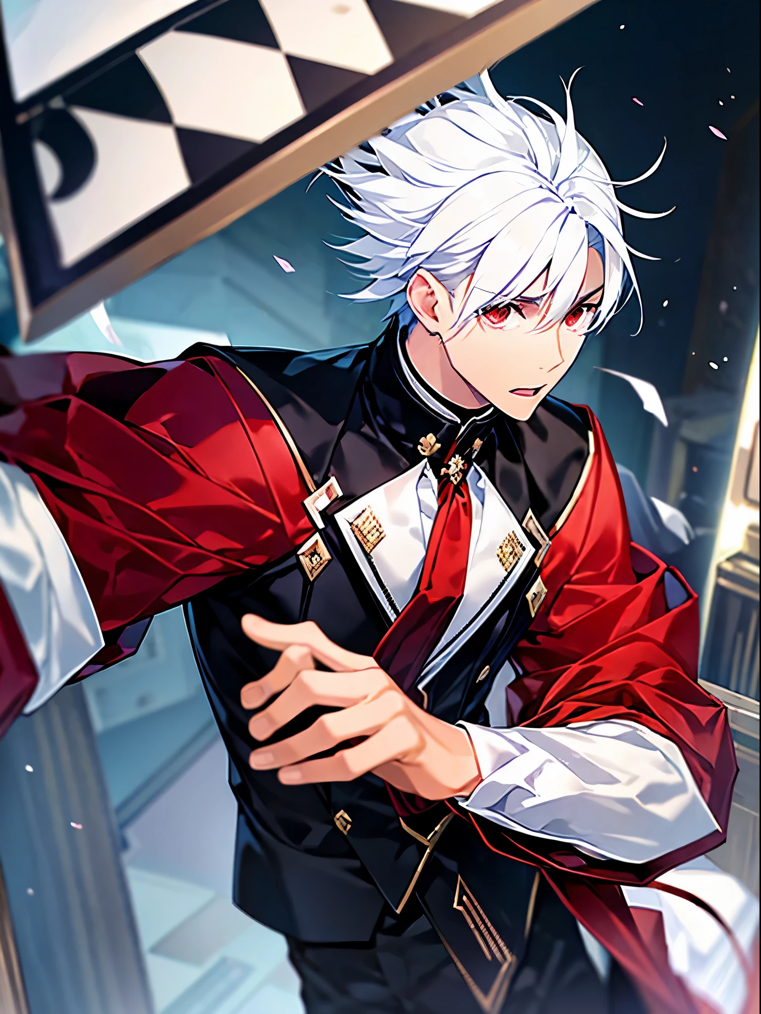 ado japanese singer, white hair and black eyes , red and black shades , rosa ,madness