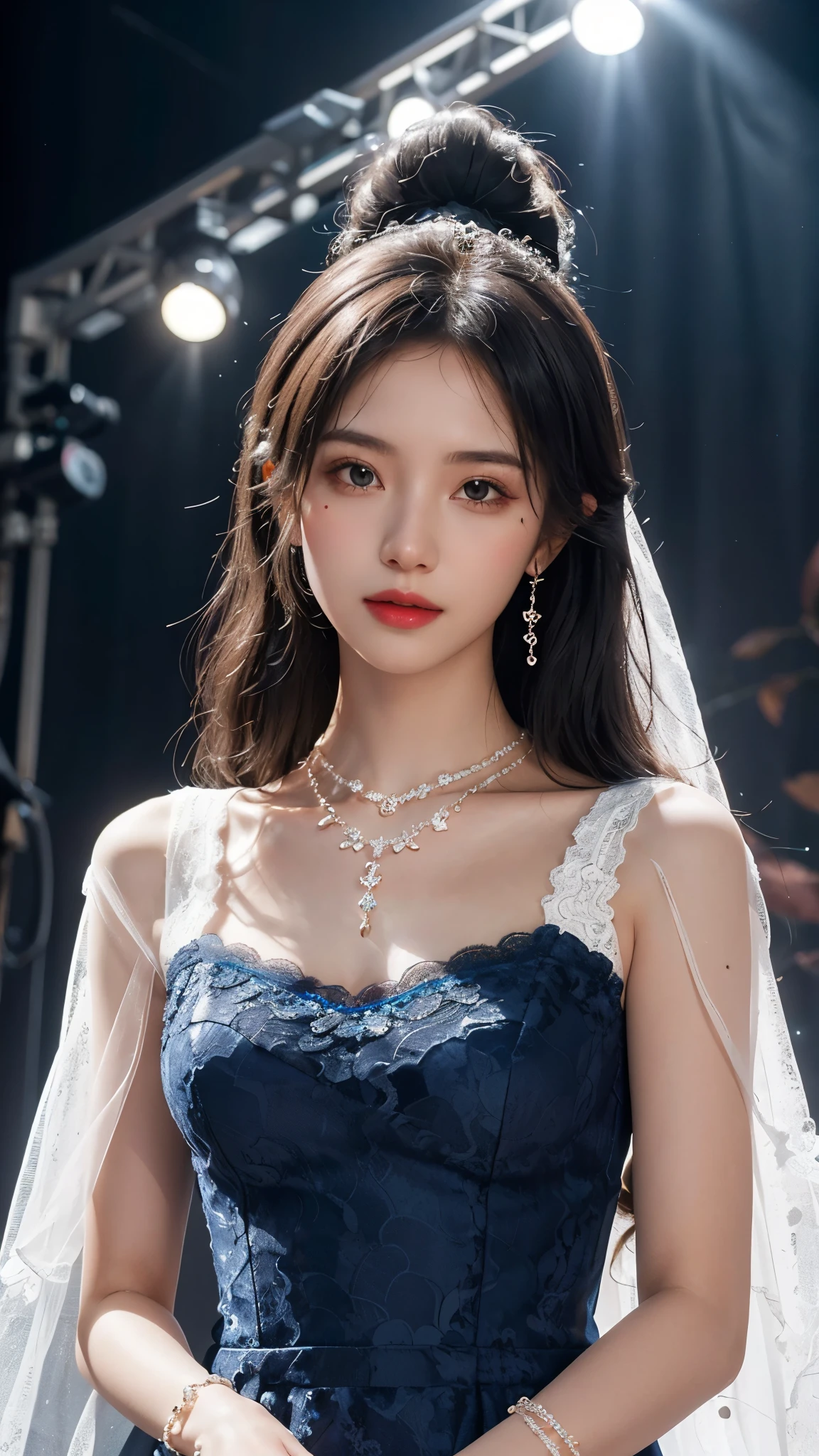 8k, masterpiece, 1 girl, beautiful face, white skin, very long hair, light makeup, detailed eyes, detailed lips, small breasts tight, realistic detailed, very detailed dress, princess dress, blue dress, (wearing jewellery:1.5), (lace:1.4), ((stage background)), attractive poses,