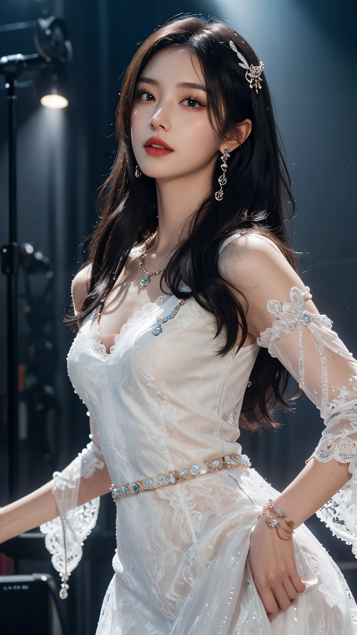 8k, masterpiece, 1 girl, beautiful face, white skin, very long hair, light makeup, detailed eyes, detailed lips, small breasts tight, realistic detailed, very detailed dress, princess dress, blue dress, (wearing jewellery:1.5), (lace:1.4), ((stage background)), attractive poses,