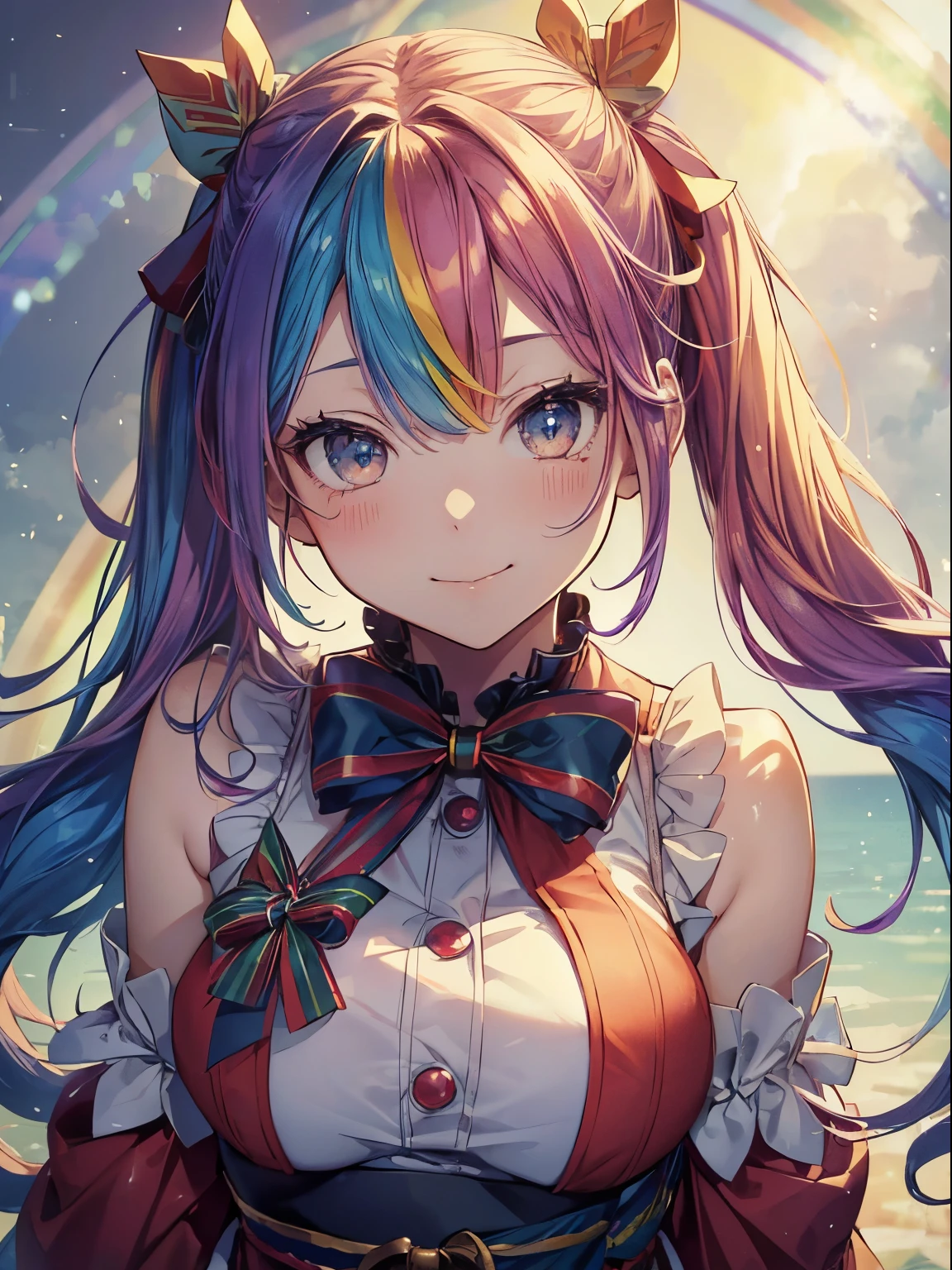 白い袋を持ったsanta、santaのコスプレ、santaクロースの袋、Christmas、(masutepiece:1.3), (8K, Photorealistic, Raw photo, Best Quality: 1.4), Beautiful face, (Realistic face), Beautiful detailed eyes, (Realistic skin), Attractive, Intricate details,Golden ratio, 1 girl,Naughty smile, (rainbow hair:1.4),((Long twintails,Ribbon 1.4)),santa (Blue Butterfly Hair Ornament 1.3)、deliver a present