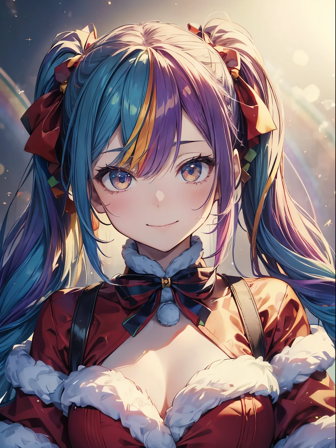 白い袋を持ったsanta、santaのコスプレ、santaクロースの袋、Christmas、(masutepiece:1.3), (8K, Photorealistic, Raw photo, Best Quality: 1.4), Beautiful face, (Realistic face), Beautiful detailed eyes, (Realistic skin), Attractive, Intricate details,Golden ratio, 1 girl,Naughty smile, (rainbow hair:1.4),((Long twintails,Ribbon 1.4)),santa (Blue Butterfly Hair Ornament 1.3)、deliver a present