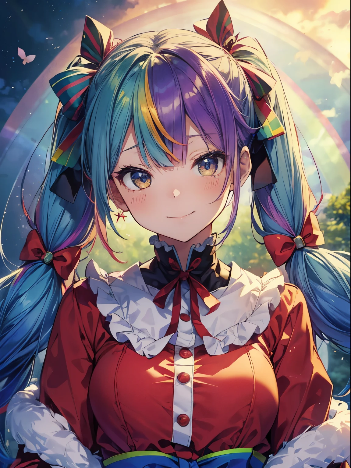 白い袋を持ったsanta、santaのコスプレ、santaクロースの袋、Christmas、(masutepiece:1.3), (8K, Photorealistic, Raw photo, Best Quality: 1.4), Beautiful face, (Realistic face), Beautiful detailed eyes, (Realistic skin), Attractive, Intricate details,Golden ratio, 1 girl,Naughty smile, (rainbow hair:1.4),((Long twintails,Ribbon 1.4)),santa (Blue Butterfly Hair Ornament 1.3)、deliver a present