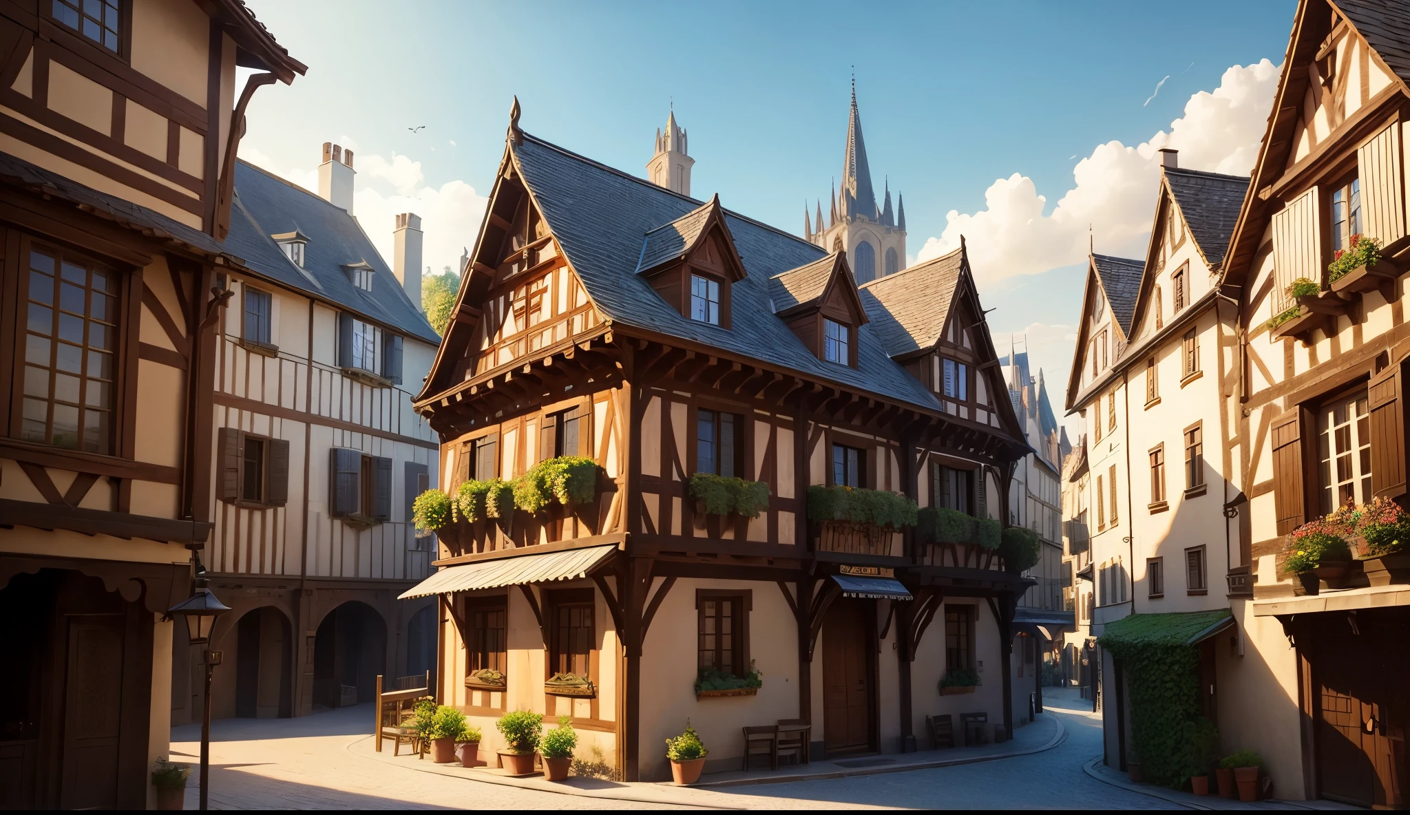 Made entirely of buildings,tmasterpiece, quality, Best quality at best, offcial art, Beautiful and beautiful:1.2, extremely detaile, (s fractal art:1.3) Western European medieval style tavern,bistros in paris,Medieval style wooden building,Located in a medieval town,seen from outside, Full of history and unique charm,Feel the romance and tranquility of the Middle Ages。