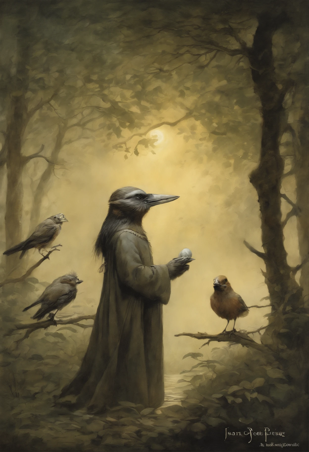 真实感, dark fantasy style, John Tolkien style, Small painting by Jean-Baptiste Monge,    Birds from the southern borders will fly in. It’s always warmer at home at home And the birds’ souls are warmer there Where the birds first took off Let the sky be disturbed by a thunderstorm , Jean-Baptiste Monge, anthropomorphic --ar 2:3 --testp -optimistic;