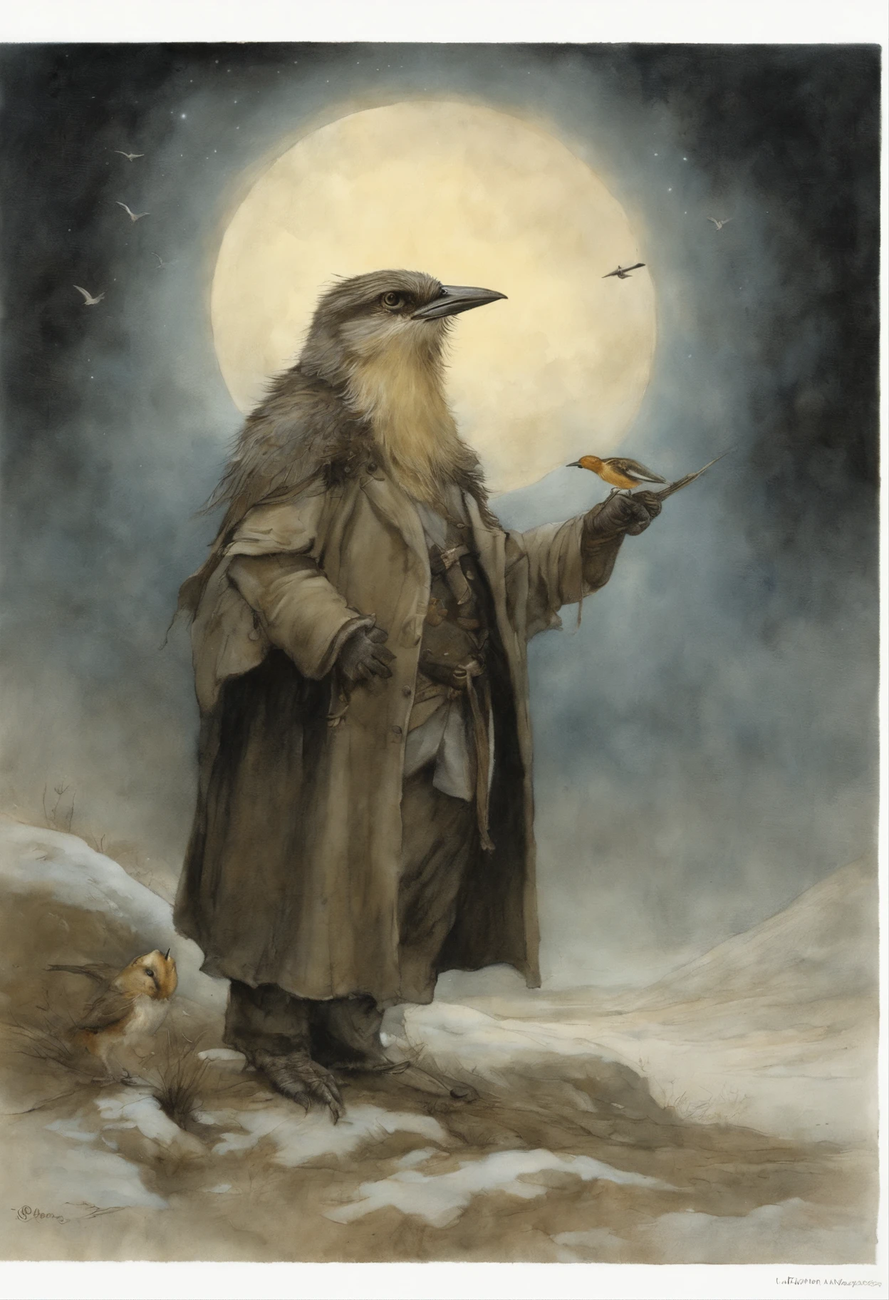 真实感, dark fantasy style, John Tolkien style, Small painting by Jean-Baptiste Monge,    Birds from the southern borders will fly in. It’s always warmer at home at home And the birds’ souls are warmer there Where the birds first took off Let the sky be disturbed by a thunderstorm , Jean-Baptiste Monge, anthropomorphic --ar 2:3 --testp -optimistic;