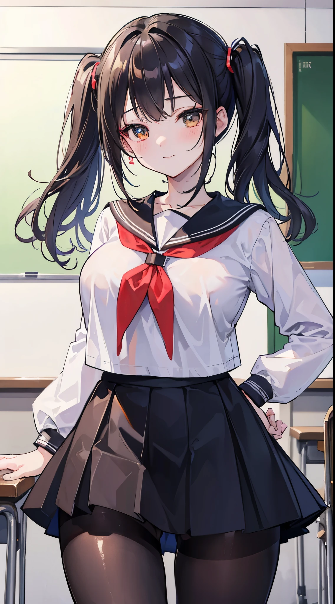 (8K、Top image quality、top-quality、masterpiece)、A detailed face、1 girl in、A dark-haired、medium hair、twintails、Golden eyes、A slight smil、large full breasts、serafuku、black mini skirt、((wide hips))、thighs、pantyhose、cowboy shot、((Classroom Background))