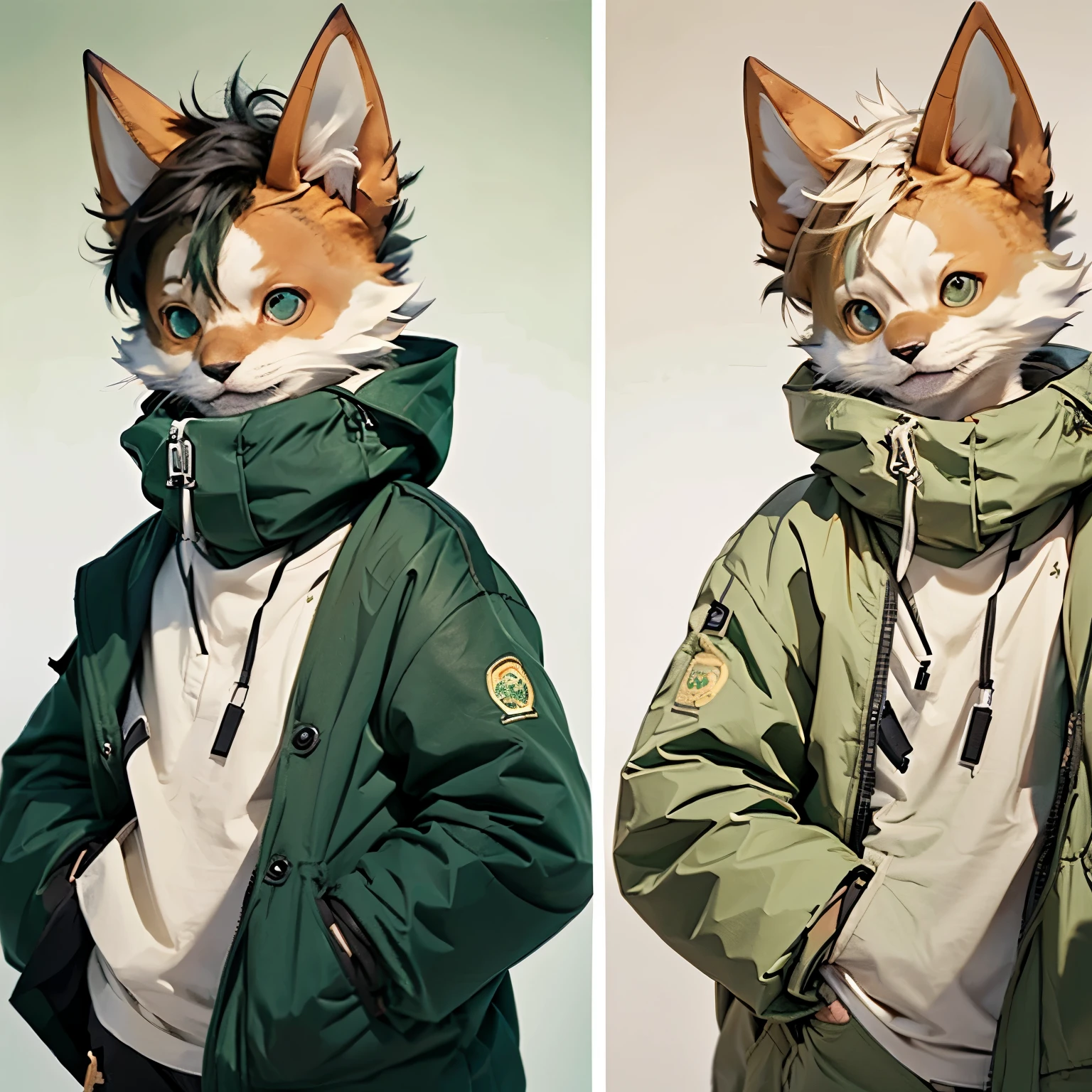 furry,The coat color changes from green to light green from top to bottom,with brown eye,Expression is cold but gentle,Main body slightly green,Men's preference,short brown hair