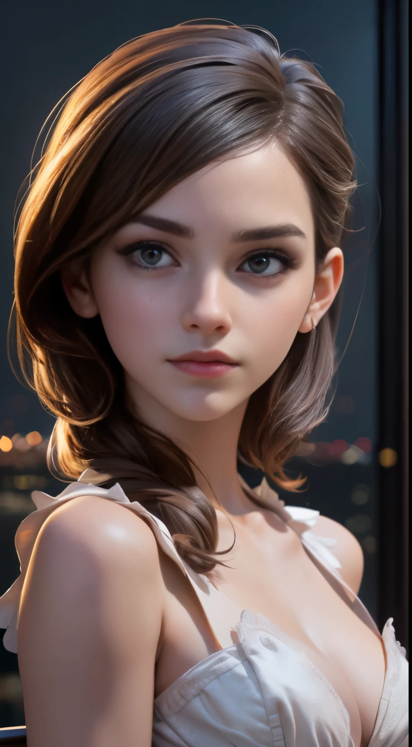 photo of Emma Watson, RAW, beautiful woman, ((portrait)), ((detailed face:1.2)), ((detailed facial feature, detailed skin, clear skin), (perfect proportioned body, medium breasts), (wearing a beautiful dress) (high detailed city environment, apartment balcony), (realistic photo, best quality, detailed), (8k wallpaper), (cinematic lighting, dramatic lighting) (sharp focus, intricate)