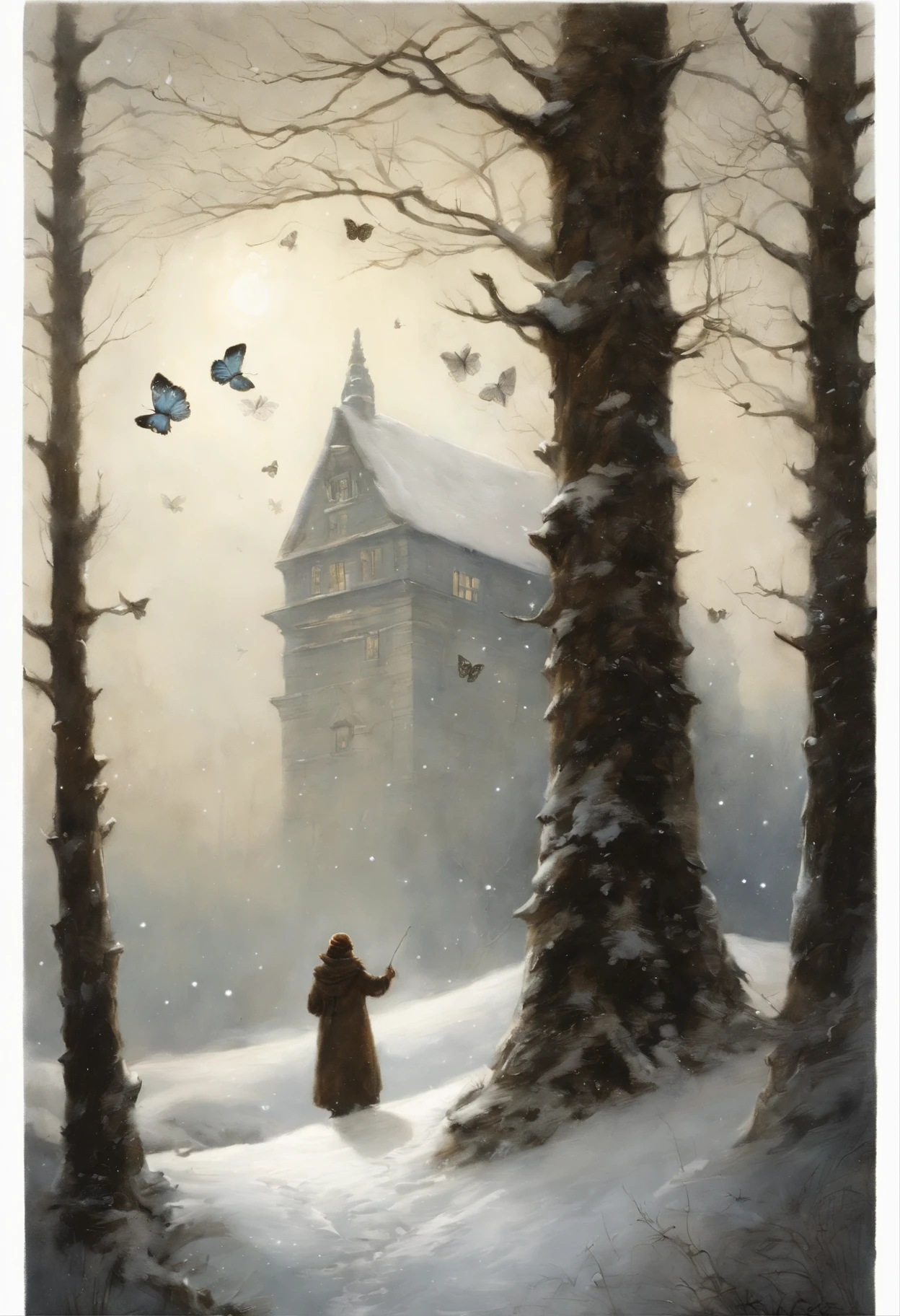 真实感, dark fantasy style, John Tolkien style, Small painting by Jean-Baptiste Monge,  huge fluffy spruce in fluffy snow, there are many colorful butterflies around the tree, a starry sky, The stars are shining, Snow is falling, Jean-Baptiste Monge, anthropomorphic --ar 2:3 --testp -optimistic;