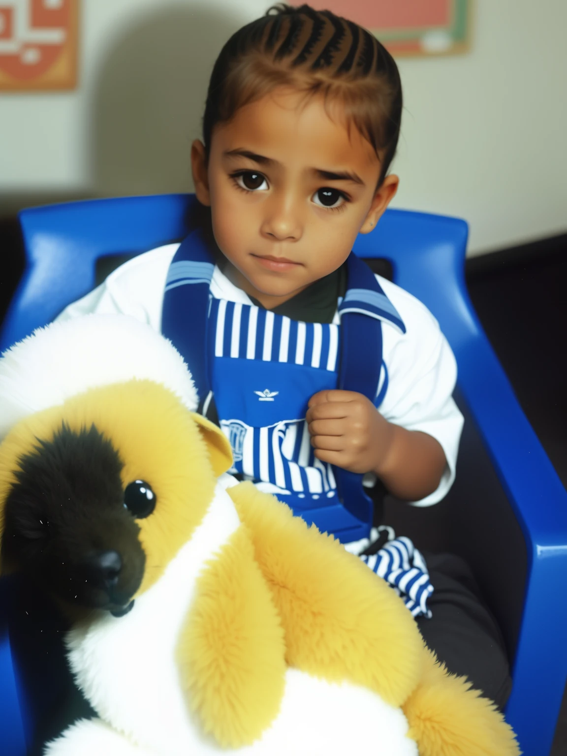 there is a small child sitting in a chair with a stuffed animal, tomada em 1 9 9 7, ele tem cerca de 2 5 anos de idade, 2 anos, tiradas em meados dos anos 2000, quatro anos, 2 0 0 5, 2005, tiradas no final dos anos 2000, ele tem cerca de 3 0 anos de idade