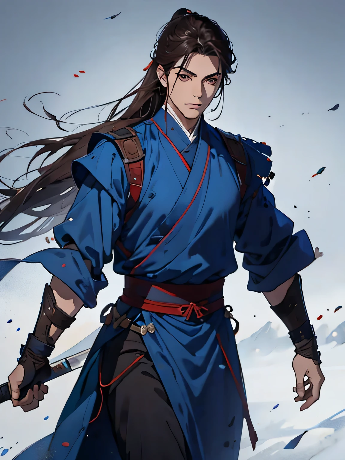 A guy,The head of the big shot,Dark brown main color picture,Blue clothing with red,Upper body portrait,A steady and vigorous look,Medium length hair flowing,sexy eyes,The background is the wind and sand of the ancient battlefield,Ultra-clear image quality,8k ultra high definition,Wuxia style costume, Dual wielding daggers