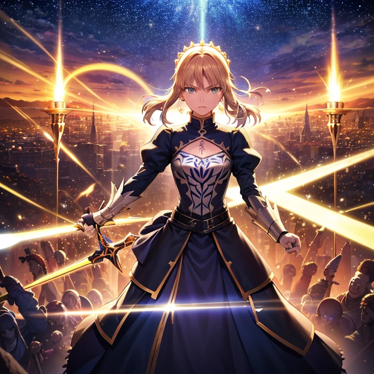 artoria pendragon brown hair holding excalibur sword, excalibur sword attack fate/zero lightning attack, surrounded by lightnings, background is a starry night, yugioh card art, angle frontal diagonal attacking the direction of the camera final attack scene from fate/zero