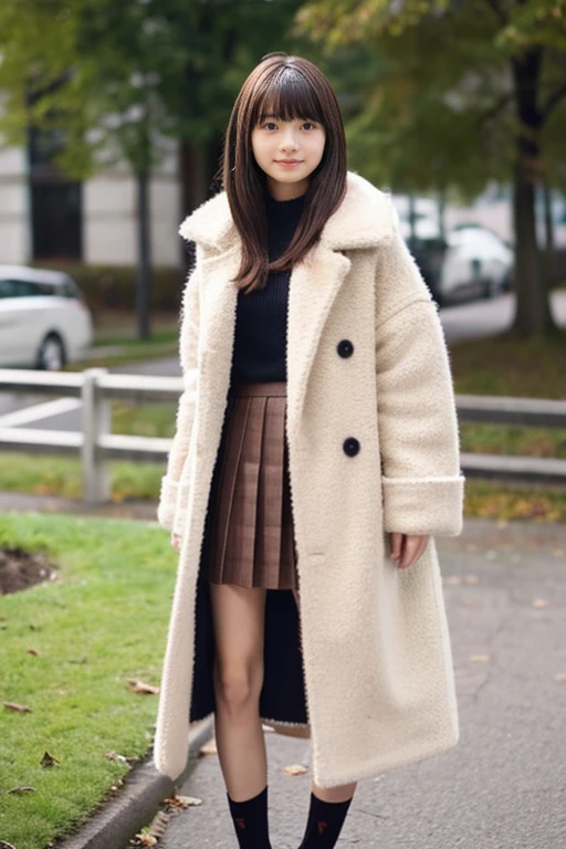 Beautiful girl wearing a down coat、、With bangs、Knitted skirt、