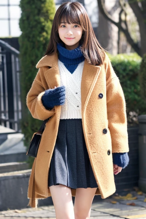 Beautiful girl wearing a down coat、15yo student、With bangs、Knitted skirt、