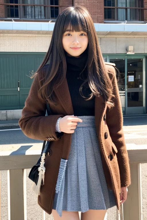Beautiful girl wearing a down coat、、With bangs、Knitted skirt、