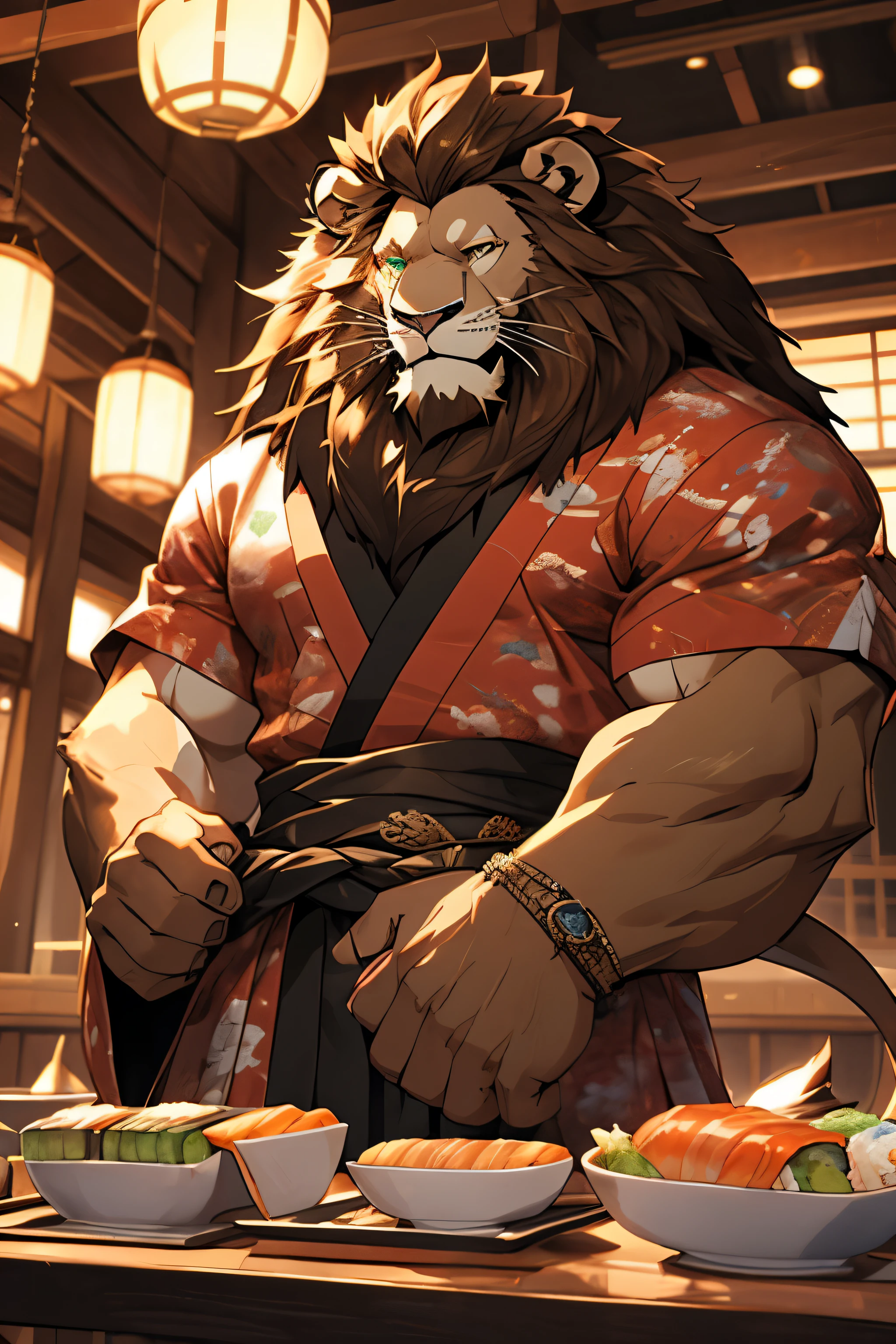 ((by null-ghost)), solo, 1boy, anthro, kemono, shine eyes, handsome face, full body, large pecs, finely detailed paws, detailed face, detailed fur, detailed mane , detailed eyes, green eyes with black iris, white sclera, (detailed hands), detailed fingers, muscular, furry, ((lion inside a sushi food)), rage, sexy , finely detailed clothes, traditional Japanese kimono, background: traditional japanese tavern interior, detailed background, ambient lighting, medium shot, low angle view, screenshot, detailed, ultra realistic, high quality, extremely detailed CG unity, sharp, exposure blend, Highest Quality, 4k, masterpiece, Amazing Details, Shallow Depth of Field, (masterpiece, Best Quality, Clear image quality, hight resolution,4K image quality)