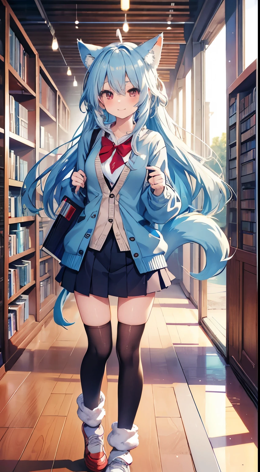 blue hair, light blue hair, long hair, red eyes, animal ears, kemonomimi mode, smile, book library, short stature, small tits, student clothes, cardigan, a miniskirt, knee high socks, Floating, Big tail, anime