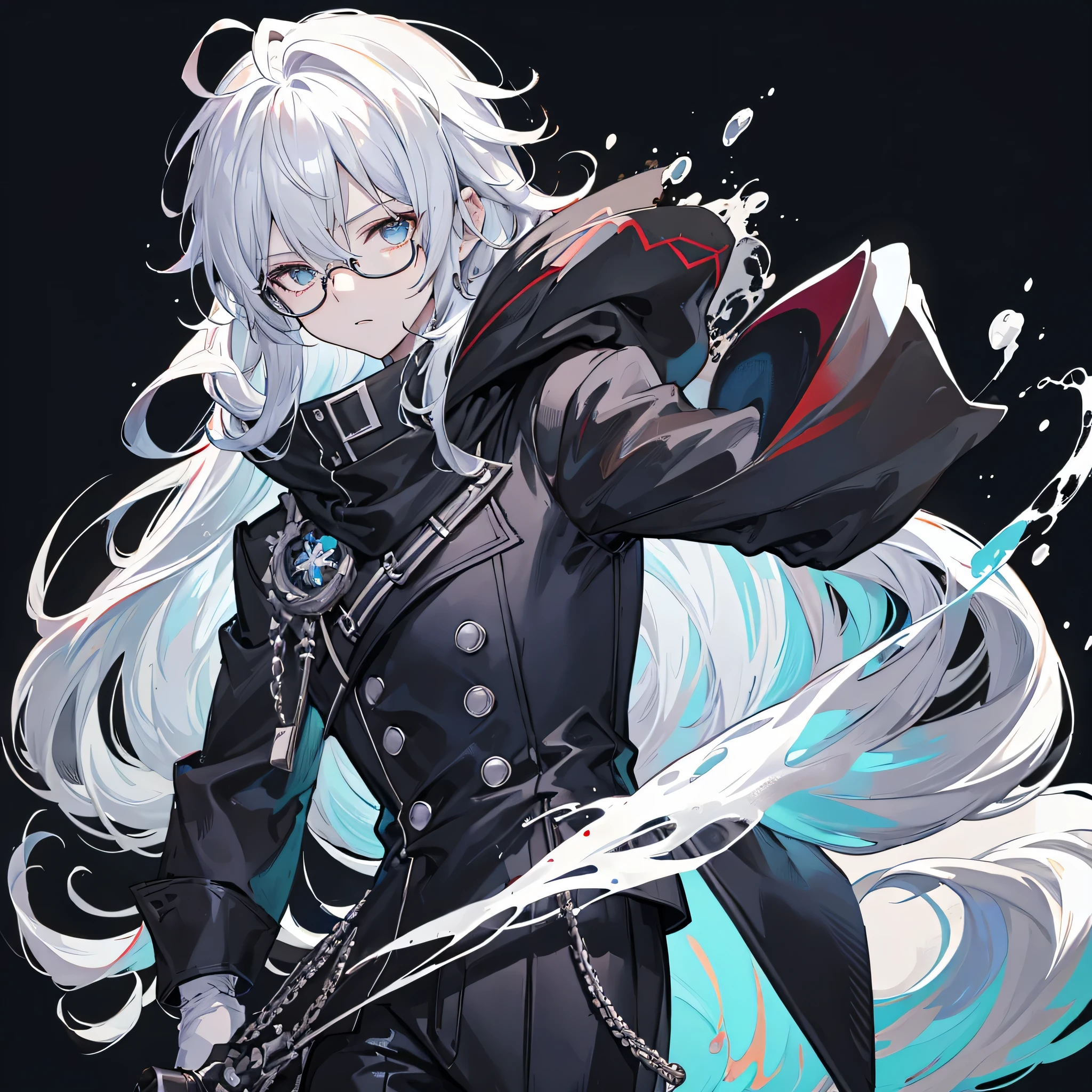 Male character wearing glasses on black style background,white color hair,Wearing white gloves,Wearing a black cloak,On the inside of the cloak is a full-length photo of Hong standing..,frontal photos,Holding a magic book in his left hand,It says &cite;jackson&cite;