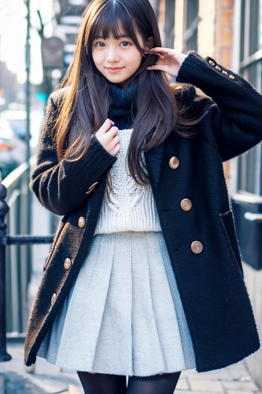 Beautiful girl wearing a down coat、15yo student、With bangs、Knitted skirt、knit tights、