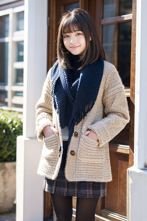 Beautiful girl wearing a down coat、15yo student、With bangs、Knitted skirt、knit tights、