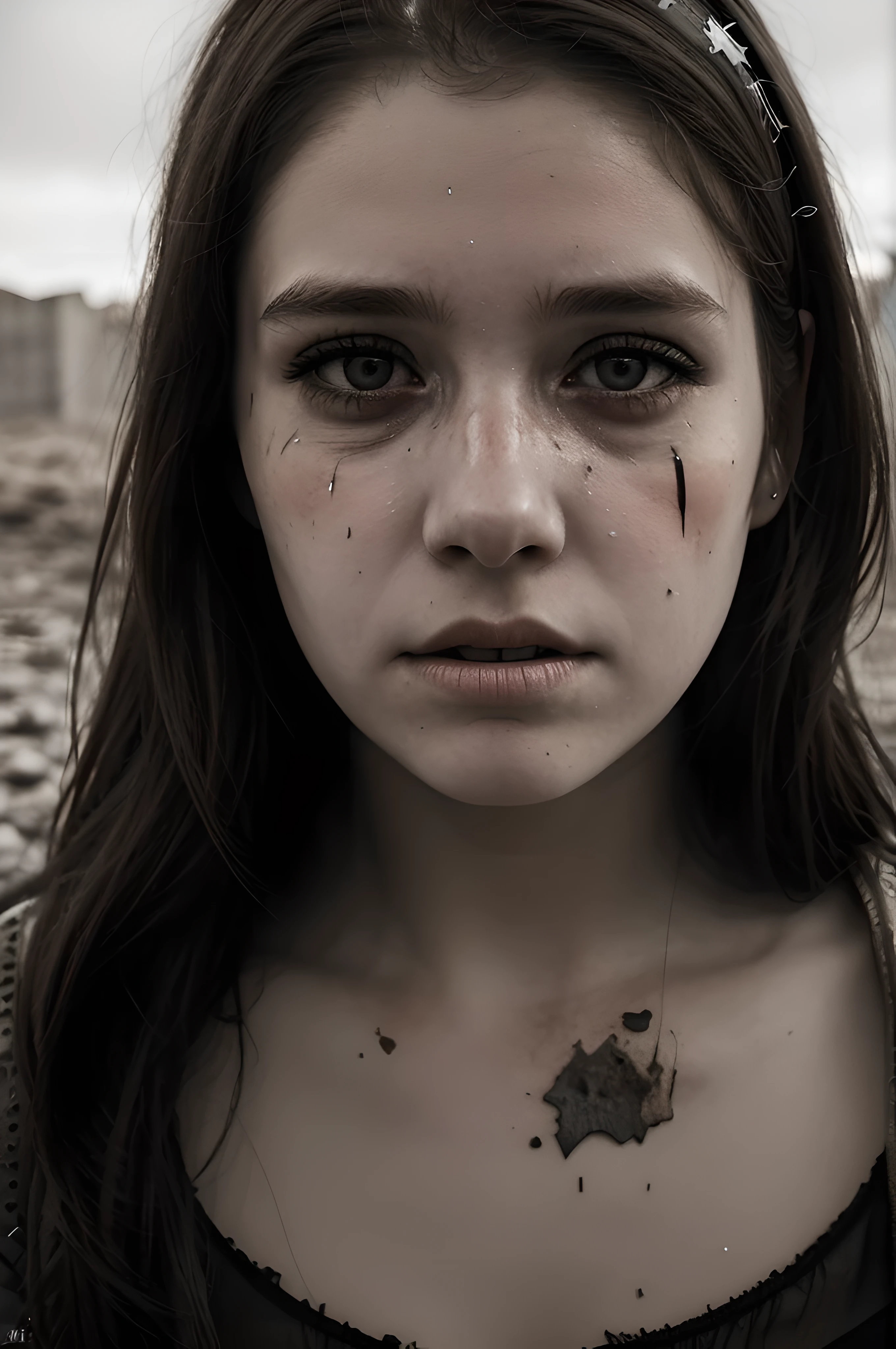 medium close-up of a disfigured 17 year old girl, uma alma perdida em um deserto desolado, cabelos castanhos longos, cores silenciadas, halos quebrados, e decadente, showing the delicate balance between redemption and despair, arte digital, distopic, alto contraste, assombrosamente bela, 8k, profundidade emocional, Dramatic