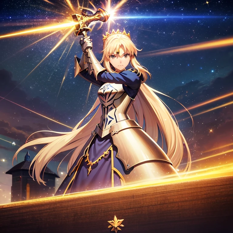 artoria pendragon brown hair holding excalibur sword, excalibur sword attack fate/zero lightning attack, surrounded by lightnings, background is a starry night, yugioh card art, angle frontal diagonal attacking the direction of the camera final attack scene from fate/zero