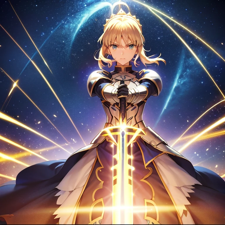 artoria pendragon brown hair holding excalibur sword, excalibur sword attack fate/zero lightning attack, surrounded by lightnings, background is a starry night, yugioh card art, angle frontal diagonal attacking the direction of the camera final attack scene from fate/zero