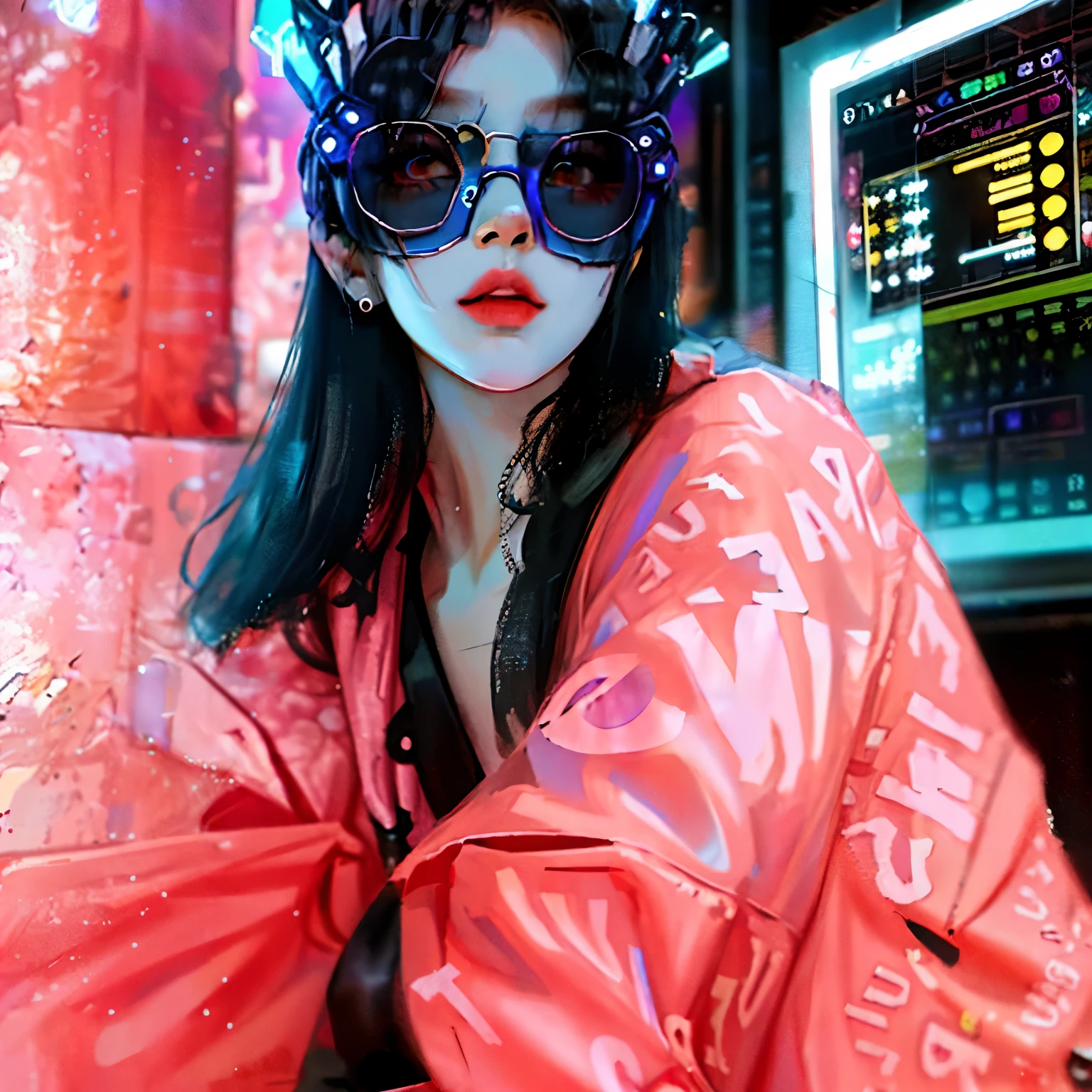 One is wearing a pink shirt、Woman in sunglasses, wild ????服old ????服装, ????女孩, ????服装, ????, 适合????的时尚外套, wearing cyberpunk streetwear, cyberpunk atmospheres, cyberpunk eye wear, fashion wave, cyberpunk atmosphere, ????的灵感, cyberpunk style outfit, wearing cybernetic bunny ears, Wearing an atomic punk jumpsuit, fun ????服装