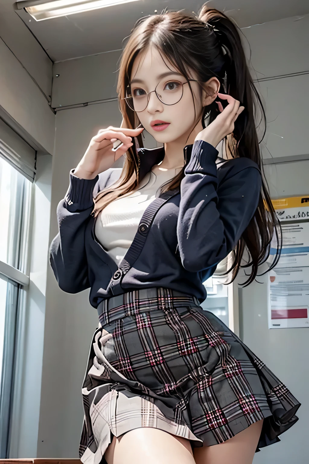 Photorealistic, High resolution, Soft light,1womanl, Solo, hips up high, (Detailed face),The tattoo, Jewelry, Current School Classrooms,On the podium,Wear a uniform、(Black flared skirt)、chest with glasses,low chest, Long hair、((poneyTail))、((up skirt))、