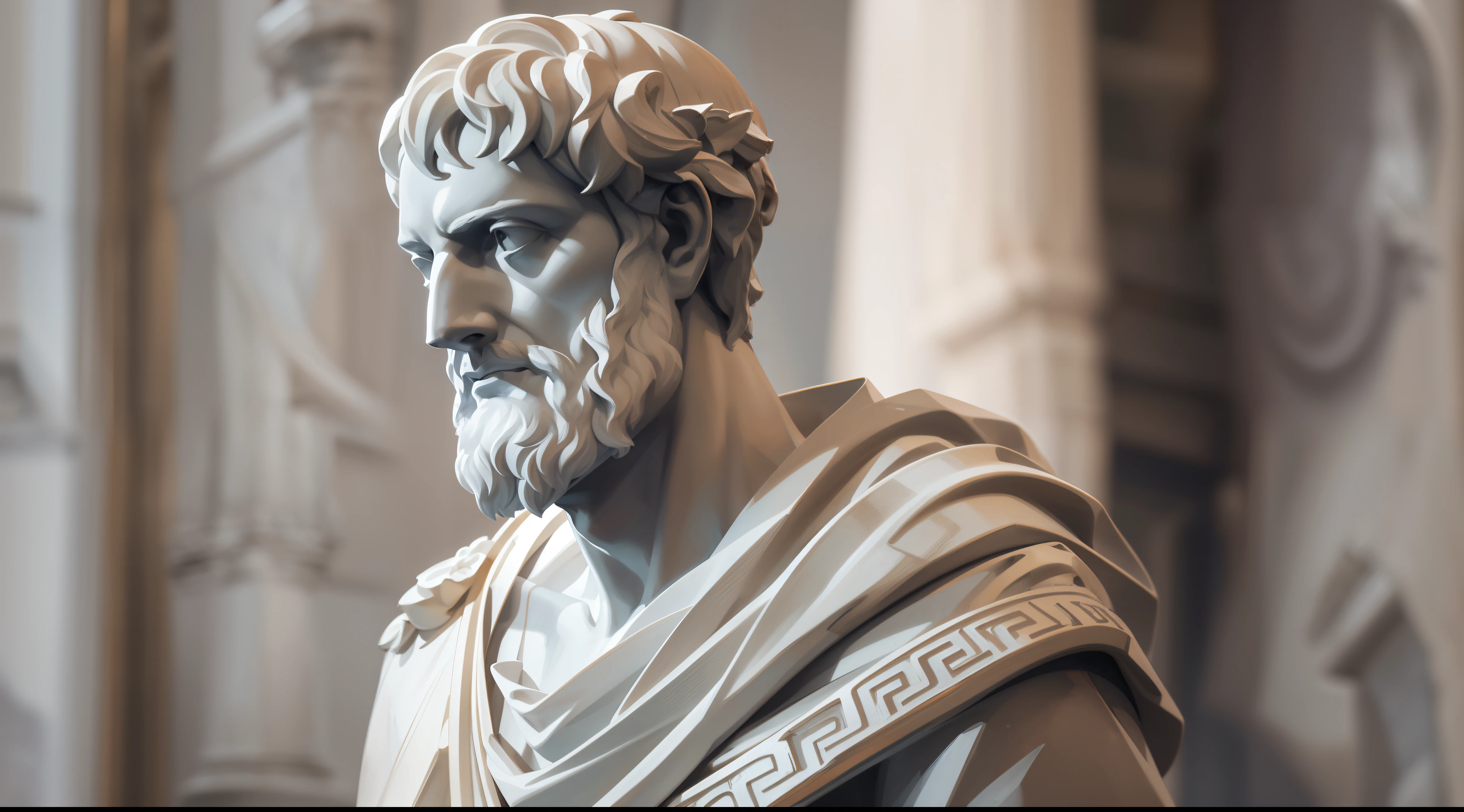 A realistic Greek white marble statue of the brave Aristotle detailed wearing a ghostly toga, fundo neutro, Moody, , fotorrealista, Jantar de cinema atencioso, super detalhada, Hiper realista, luzes brilhantes, 8 mil