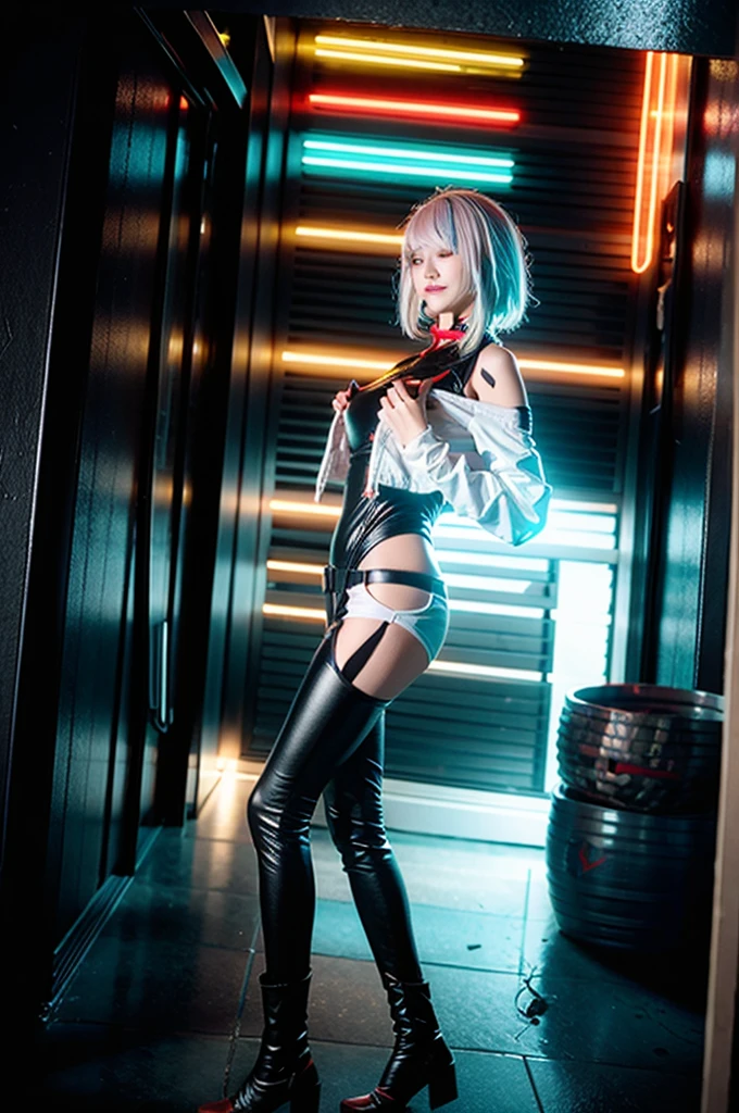 (actual:1.3), Meticulous, quality, Rembrandt lighting works:1.2), (photoactual:1.2), (best quality), (Meticulous皮肤:1.3), (Complicated details), dramatics, Ray traching, 1个Giant Breast Girl, japanaese girl, lucy_cyber punk perssonage, 21yo, Meticulous皮肤 texture, (Be red in the face:0.5), (goosebumps:0.5), sub surface scattering, Smiling, medium, with short white hair, By bangs, ((Red eyeliner)), ((cosmetics)),Redlip, White off-the-shoulder jacket, Black jumpsuit, of shoulders, short white pants, Hip vents, Black stockings, Black boots, squatt, (nigh sky, cyber punk perssonage, view over city, A futuristic, neonlight, neonlight, heavy rain poured, the street),
