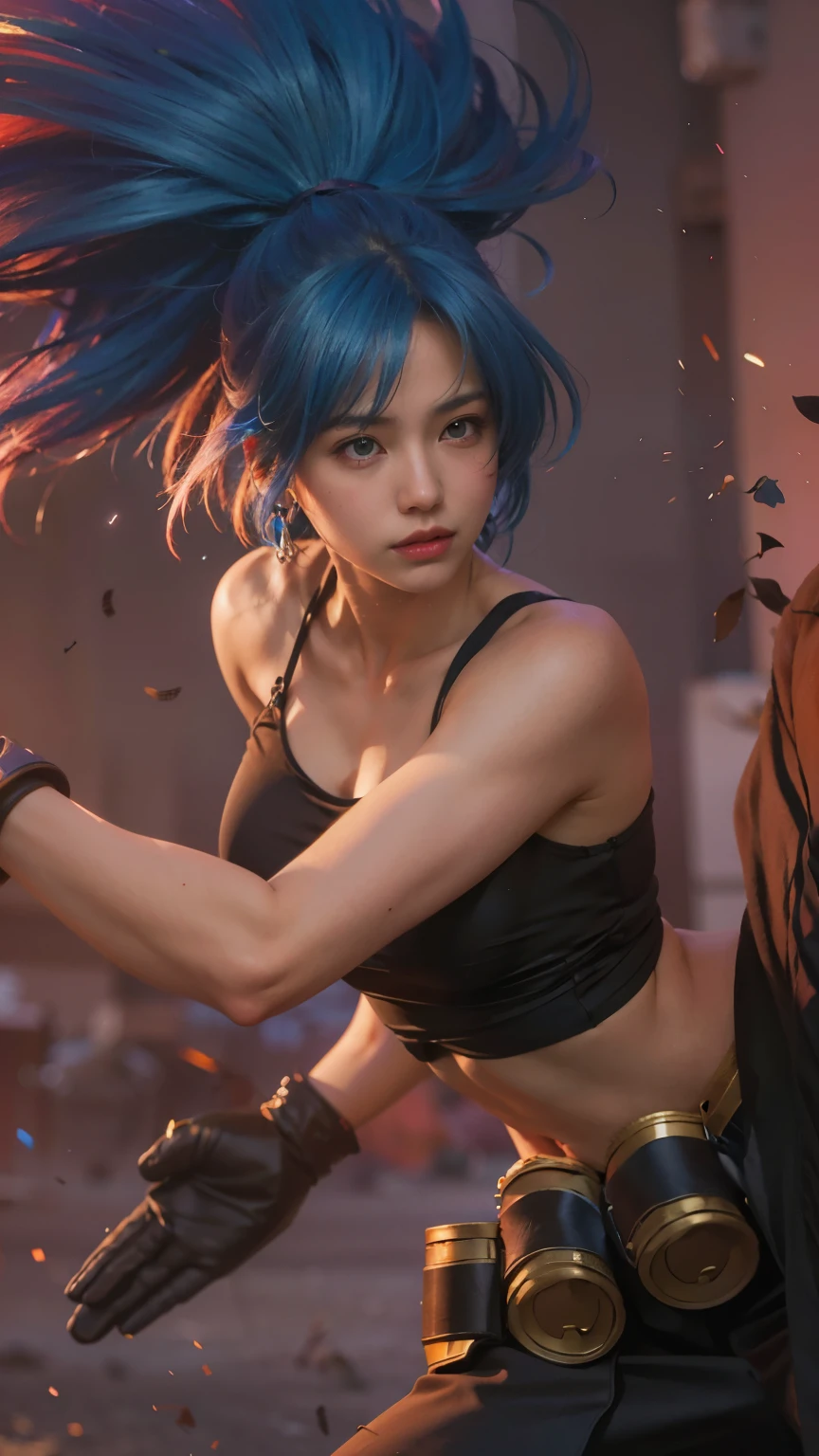 (8k, best quality, masterpiece:1.2), (realistic, photo-realistic:1.37), ultra-detailed, A detailed portrait of 1 girl 21 year old girl, fantasy character, blue eyes, blue hair color, detail face, pale skin, perfect abs, face facing the camera, wearing black tanktop. The scene is illuminated with professional lighting, photon mapping, and radiosity, with Tetsuya Nomura Style and a japanese feel, Leona KoF , The King of Fighters. In the dark desert background with blur or bokeh effect, neon details, realistic light.