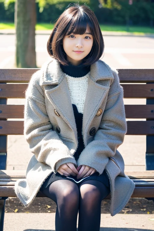 Beautiful girl wearing a down coat、、With bangs、Knitted skirt、knit tights、Short Bob、Sit on a park bench、