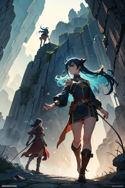 (a cartoon character) crossing a narrow canyon with a mountain as the background. The character is an adventurer exploring a twilight ruins. The artwork is of high quality and in the style of a popular anime, with vivid colors and sharp focus. The color tone is warm and vibrant, creating a sense of adventure and mystery. The lighting in the scene is dramatic and adds to the overall atmosphere. The character's eyes, lips, and face are beautifully detailed, with long eyelashes. The scene depicts the character in a dynamic pose, showcasing their bravery and determination. The adventure party is also present in the background, adding depth and storytelling to the image. The image is a key visual concept for an official anime, embodying the spirit of adventure and exploration.