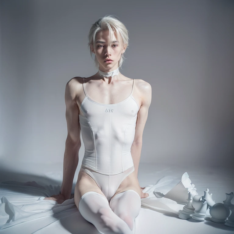 ((empty background, empty scenery), masterpiece, best quality, dreamlike, hyperrealistic, (((weak androgynous male))), chess ballet, white lost, your puppet white king will be castrated because you played as white and lost, ballet tights, male crotch bulge, buttocks, groin pain, imminent castration:1.35)