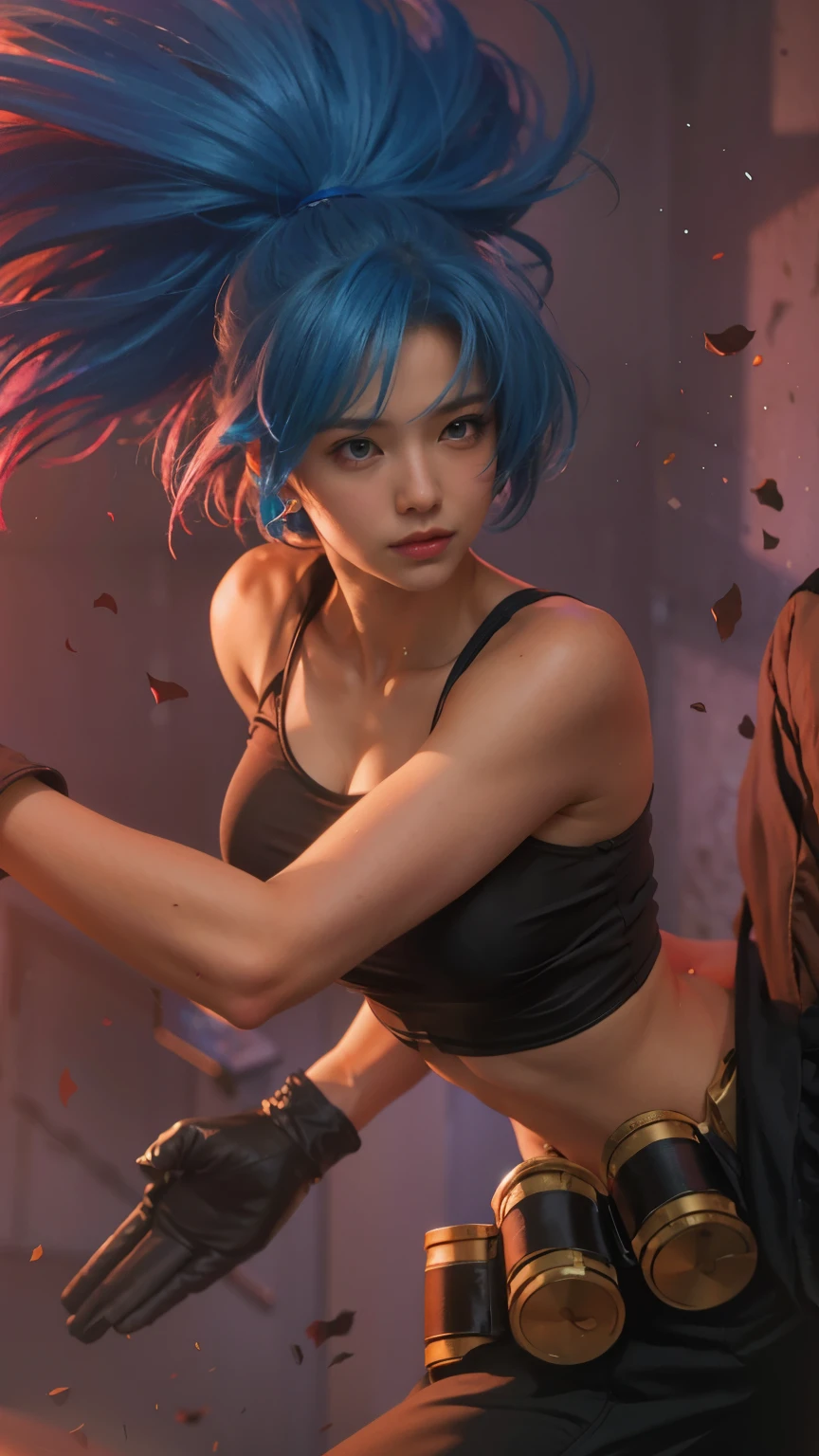 (8k, best quality, masterpiece:1.2), (realistic, photo-realistic:1.37), ultra-detailed, A detailed portrait of 1 girl 21 year old girl, fantasy character, blue eyes, blue hair color, detail face, pale skin, perfect abs, face facing the camera, wearing black tanktop. The scene is illuminated with professional lighting, photon mapping, and radiosity, with Tetsuya Nomura Style and a japanese feel, Leona KoF , The King of Fighters. In the dark desert background with blur or bokeh effect, neon details, realistic light.