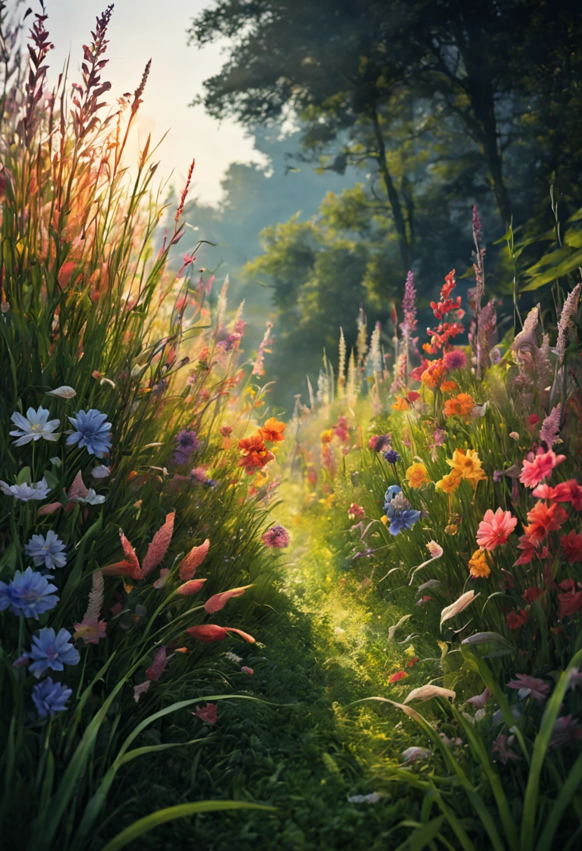 Made of various flowers,a plant,Grass forms a beautiful watercolor painting,detail intricate,The composition is complete,8K、超高分辨率、Bio-luminescence、Cinematic lighting