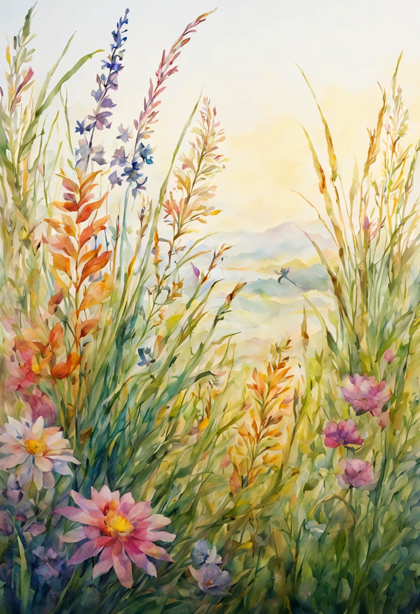 Made of various flowers,a plant,Grass forms a beautiful watercolor painting,detail intricate,The composition is complete,8K、超高分辨率、Bio-luminescence、Cinematic lighting
