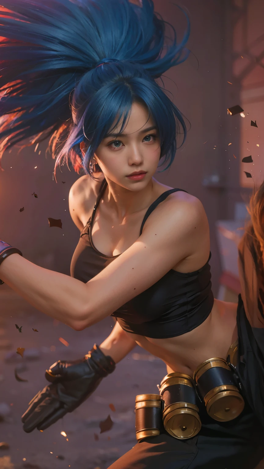 (8k, best quality, masterpiece:1.2), (realistic, photo-realistic:1.37), ultra-detailed, A detailed portrait of 1 girl 21 year old girl, fantasy character, blue eyes, blue hair color, detail face, pale skin, perfect abs, face facing the camera, wearing black tanktop. The scene is illuminated with professional lighting, photon mapping, and radiosity, with Tetsuya Nomura Style and a japanese feel, Leona KoF , The King of Fighters. In the dark desert background with blur or bokeh effect, neon details, realistic light.