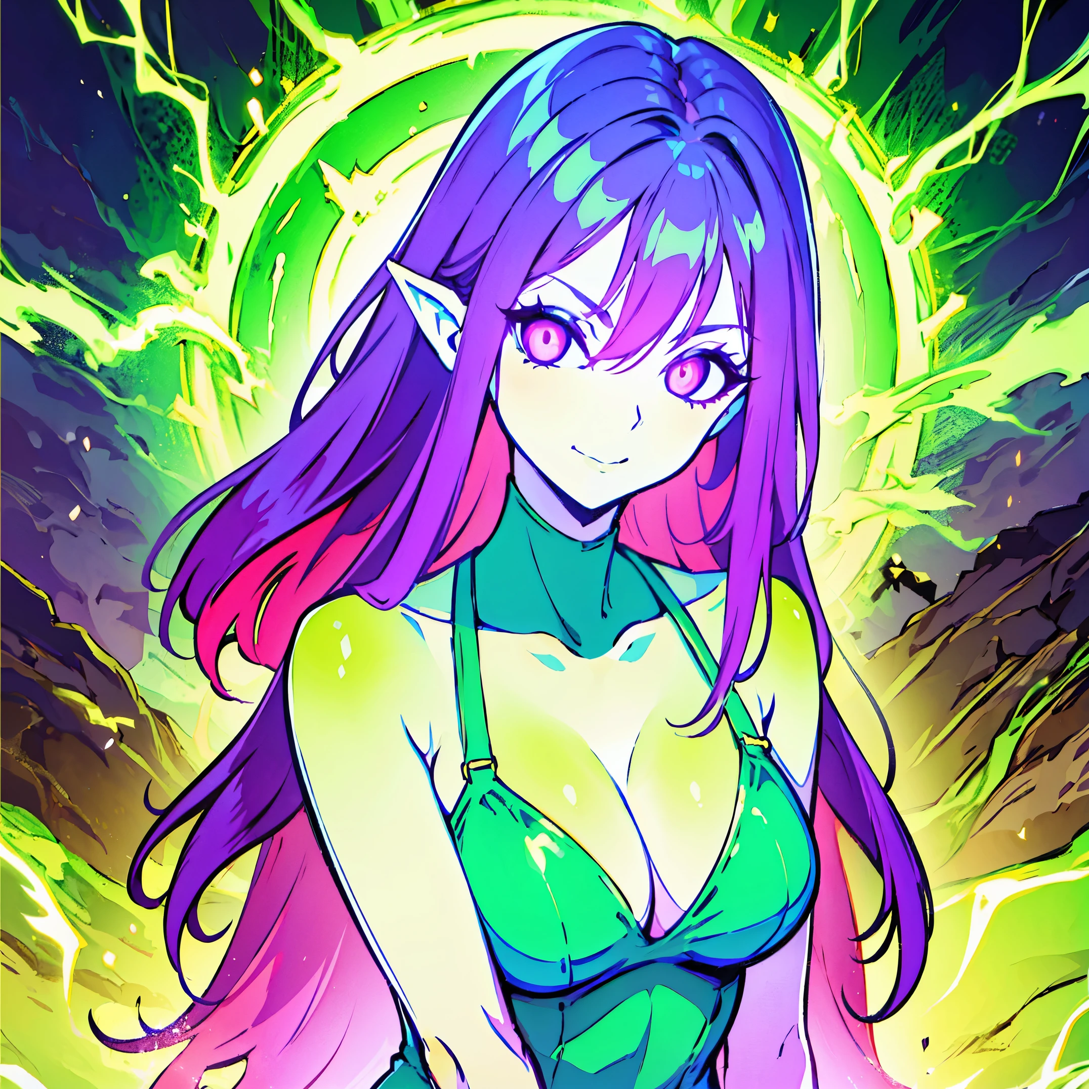 (masterpiece), best quality, expressive eyes, perfect face, 1girl, large breasts, purple hair, very long hair, wavy hair, (pale skin, glowing skin), purple_eyes, smile, pointy ears, Green makeup, cleavage, Green leotard, bare legs, upper body, (electricity, lightning), off shoulders, green lipstick,
, ((solid eyes, colored sclera, purple sclera)), (colored skin, Green skin)