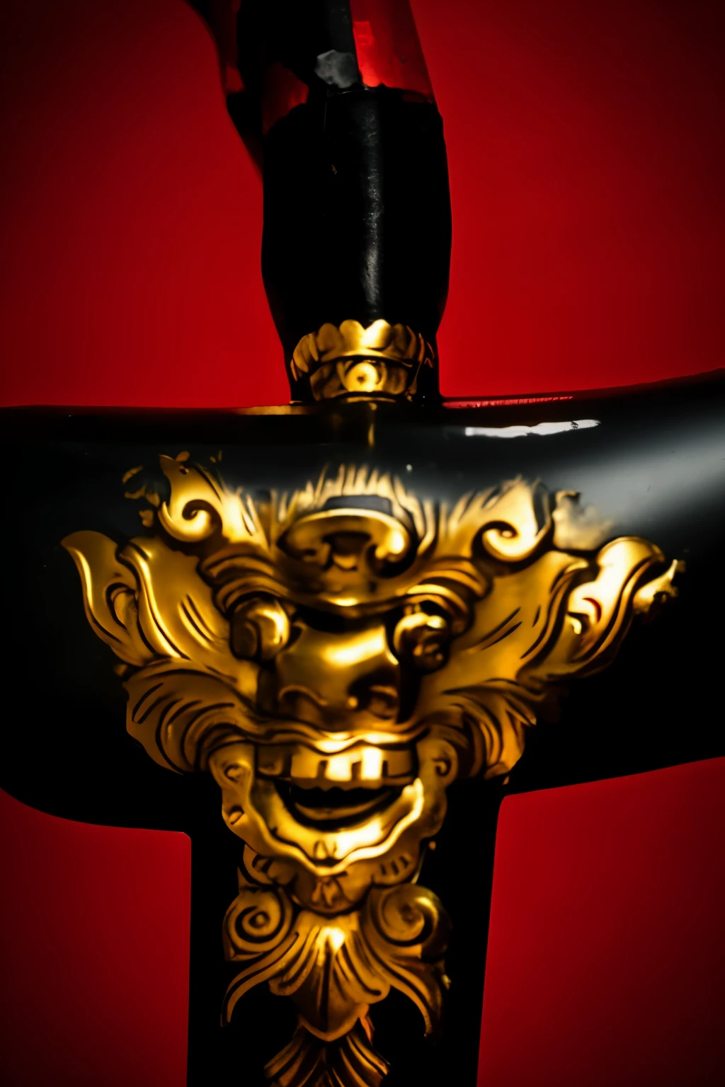 a close up of a black and gold dagger with a red background, jiang sword, wielding a keris sword, extremely sharp detail, very sharp detail, large sword, sword design, closeup of arms, lacquerware, sword, an evil sword, curved sword, incredible sharp detail, broadsword, armored sword blade, very sharp details, style of ghost blade