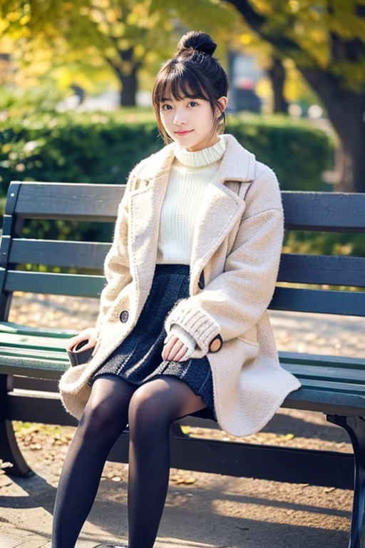 Beautiful girl wearing a down coat、15yo student、With bangs、Knitted skirt、knit tights、Bun hair、Sit on a park bench、