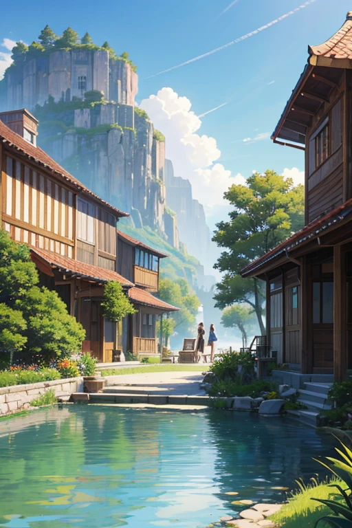 A small pond in front of a building with a fountain, Small town background, Downtown background, Renaissance port city background, beautiful anime scenes, beautiful anime scenery, Bustling magic town, Anime landscapes, Anime background art, anime scene, Anime countryside landscape, town in background, tavern background, Anime beautiful peaceful scene, Anime landscapes概念艺术, distant village background