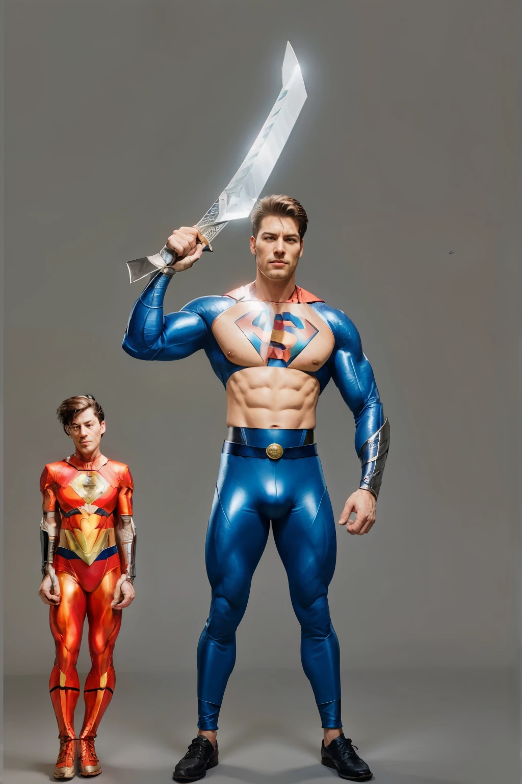 (superhero,muscular,typical superhero costume,comic,sword with minimal bulge, handsome man,metallic sword,powerful,top-quality) vivid colors,portrait style,sharp focus,studio lighting,warm tones,subtle shadows