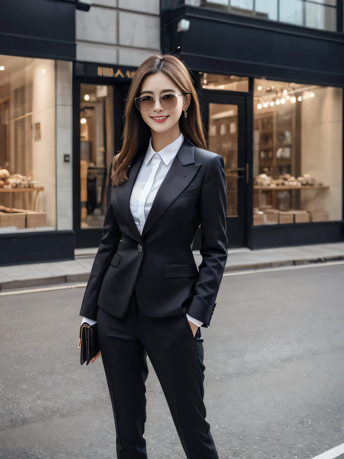 crowed street, 40k, photography, masterpiece, best quality, (1girl brown hair smiling with sunglass), medium breast, (black suit), varied poses.