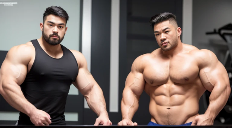 (Very detailed 8k wallpaper), two asian men, muscle worship, arms folded, At the gym, high detailing, buzzcut, very large and strong body, bulging muscles, well-muscled, very large pectoral muscles. Very sexy abs, legs are well-muscledの, Toned figure, lightens oily skin, well-muscledの, Tank top, T-shirt, longshot, Wide Shot