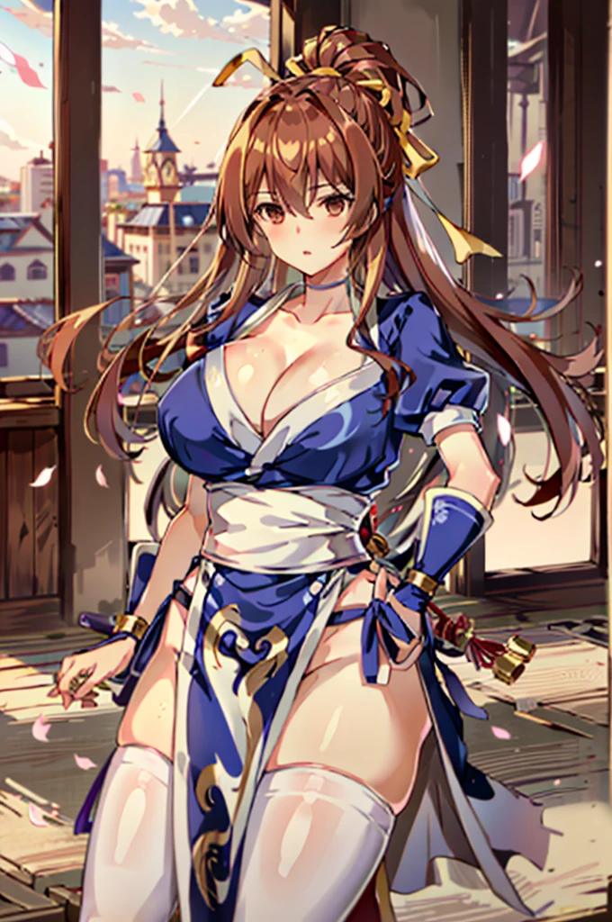 (masutepiece, Best Quality:1.3)
Kasumido, 1girl in, Solo, Long hair, breasts, Looking at Viewer, Bangs, Large breasts, Brown hair, thighs thighs thighs thighs, Dress, bow ribbon, cleavage, Brown eyes, medium breasts, Underwear, Standing, Panties, Hair Ribbon, braid, Short sleeves, Cowboy Shot,  Puffy sleeves, white thighhig, Puffy Short Sleeves, Lips, sash, pelvis curtain, Yellow Ribbon, Realistic, Nose, arm guards, (Detailed inside of the base:1.3),hypnoLora,
empty eyes